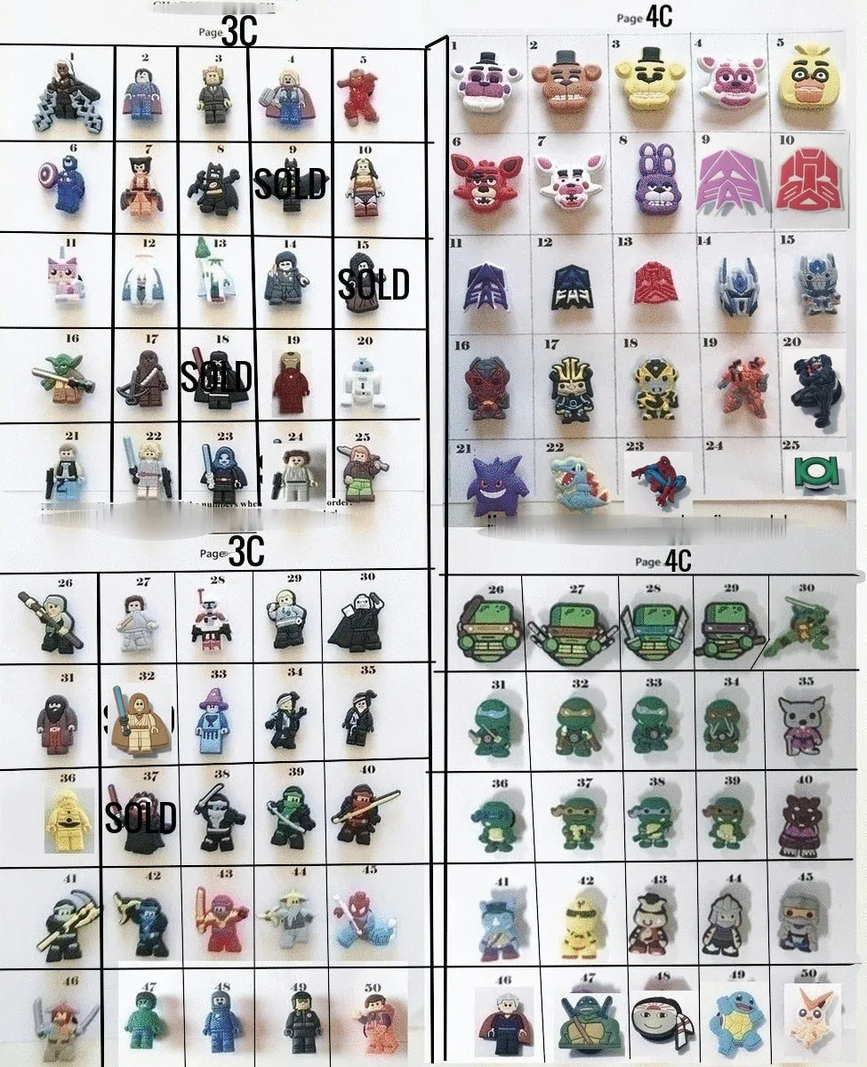 Clearance Shoe charms cartoon and movie themed, random, legos, freddy's, ninja, turtles
