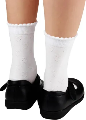 COTTON DAY Girls White Dressy Textured Short Socks Scallop Top Design 5 Pack
