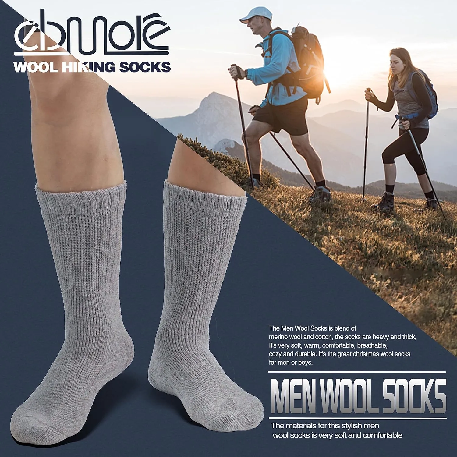 EBMORE Men Merino Wool Socks Super Thick Thermal Hiking Winter Warm Boot Heavy Soft Cozy Socks for Cold Weather