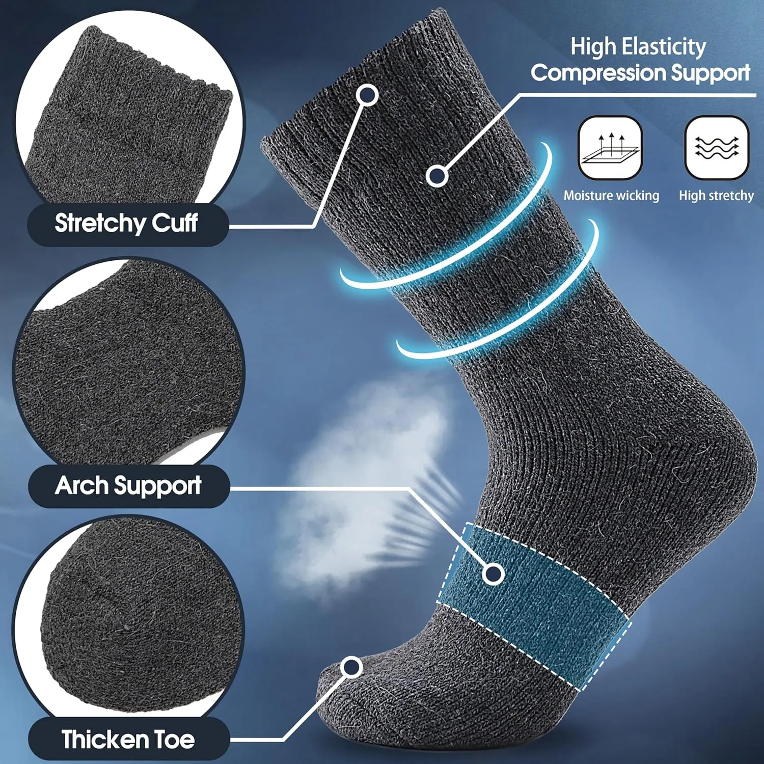 EBMORE Men Merino Wool Socks Super Thick Thermal Hiking Winter Warm Boot Heavy Soft Cozy Socks for Cold Weather