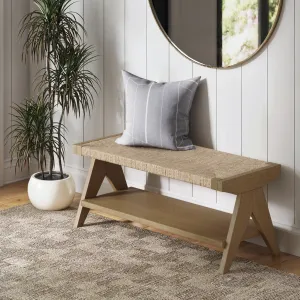 essential Beacon Bohemian Bench Seat with Shoe Storage, Seagrass Entryway or End of Bed Bench with Solid Wood Frame, Brushed Light Brown