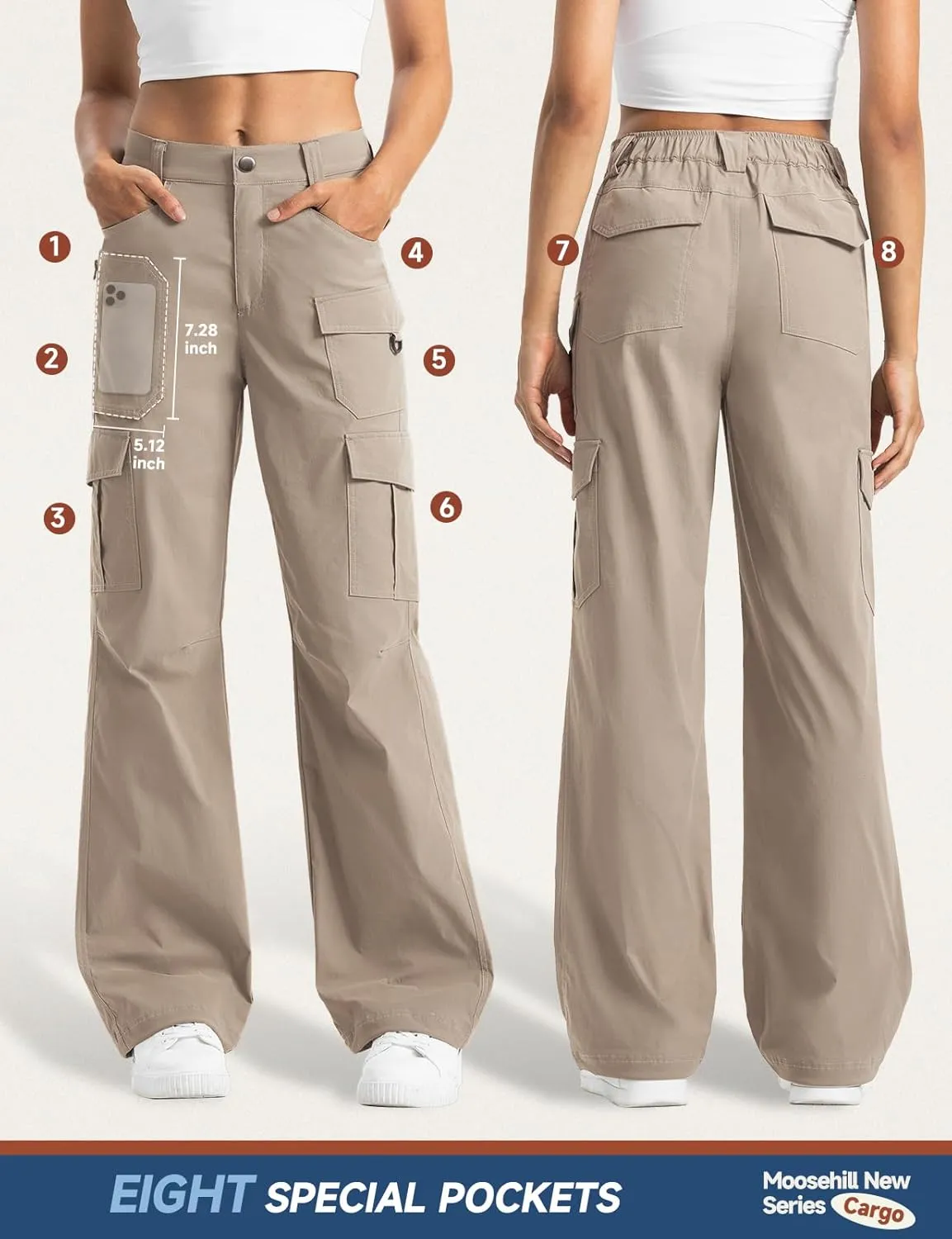 Moosehill Women's-Cargo-Hiking-Pants-High-Waisted Wide Leg Water Resistance Lightweight Stretch for Work Casual Outdoor
