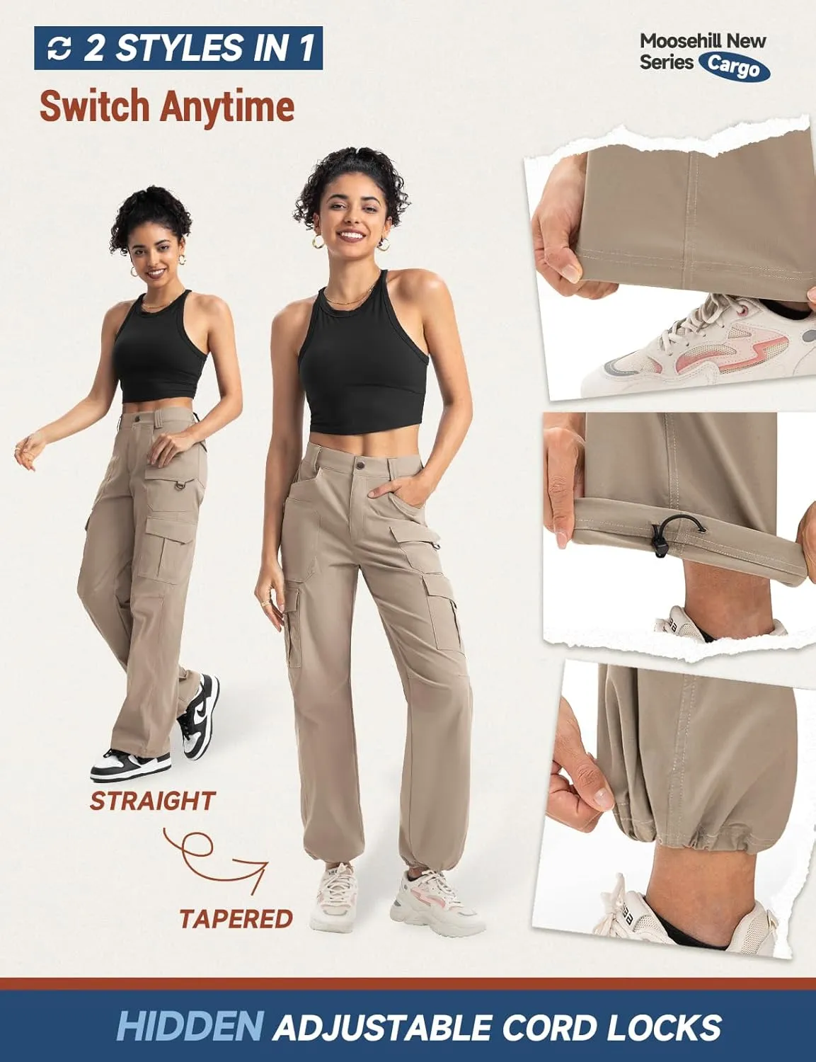 Moosehill Women's-Cargo-Hiking-Pants-High-Waisted Wide Leg Water Resistance Lightweight Stretch for Work Casual Outdoor
