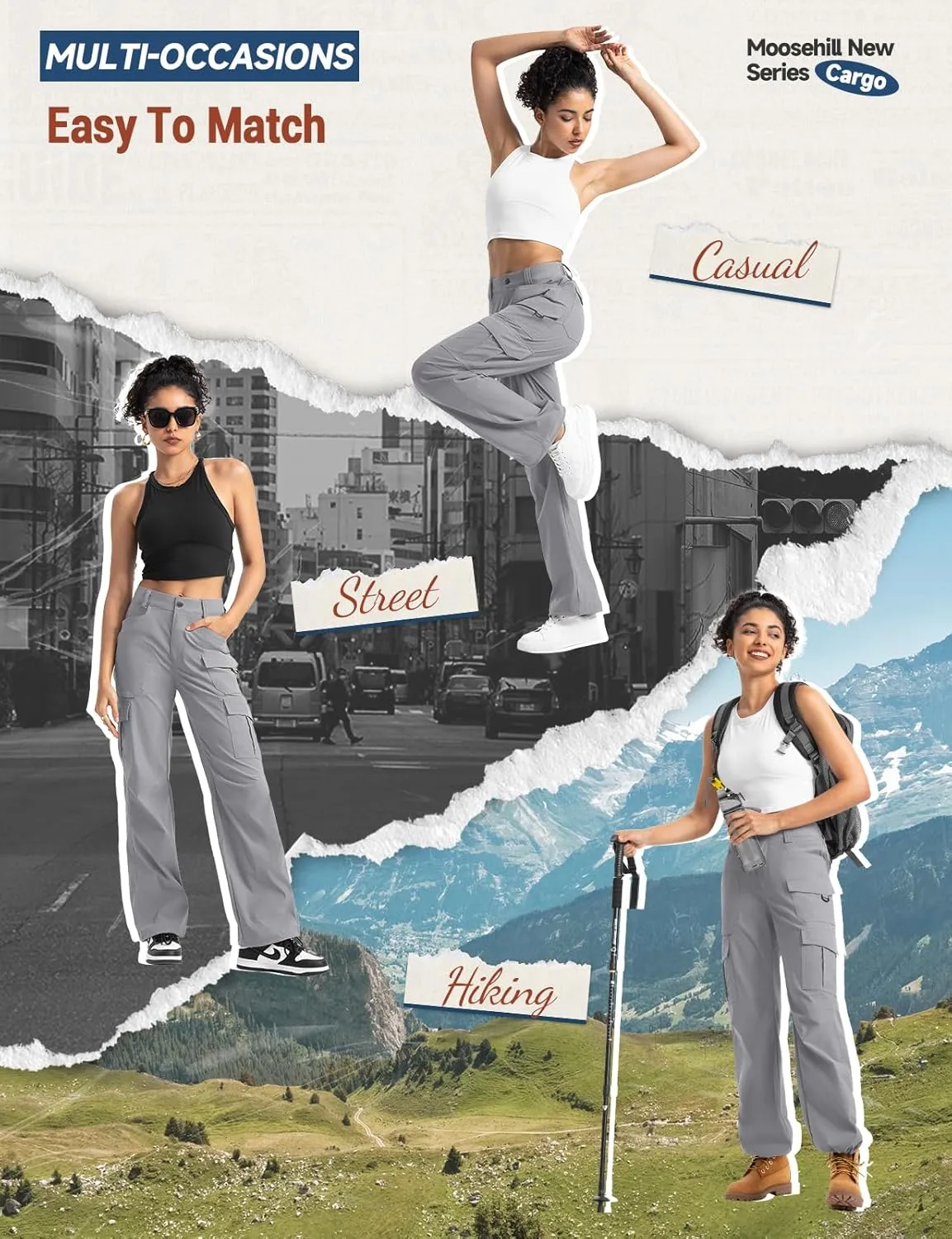 Moosehill Women's-Cargo-Hiking-Pants-High-Waisted Wide Leg Water Resistance Lightweight Stretch for Work Casual Outdoor