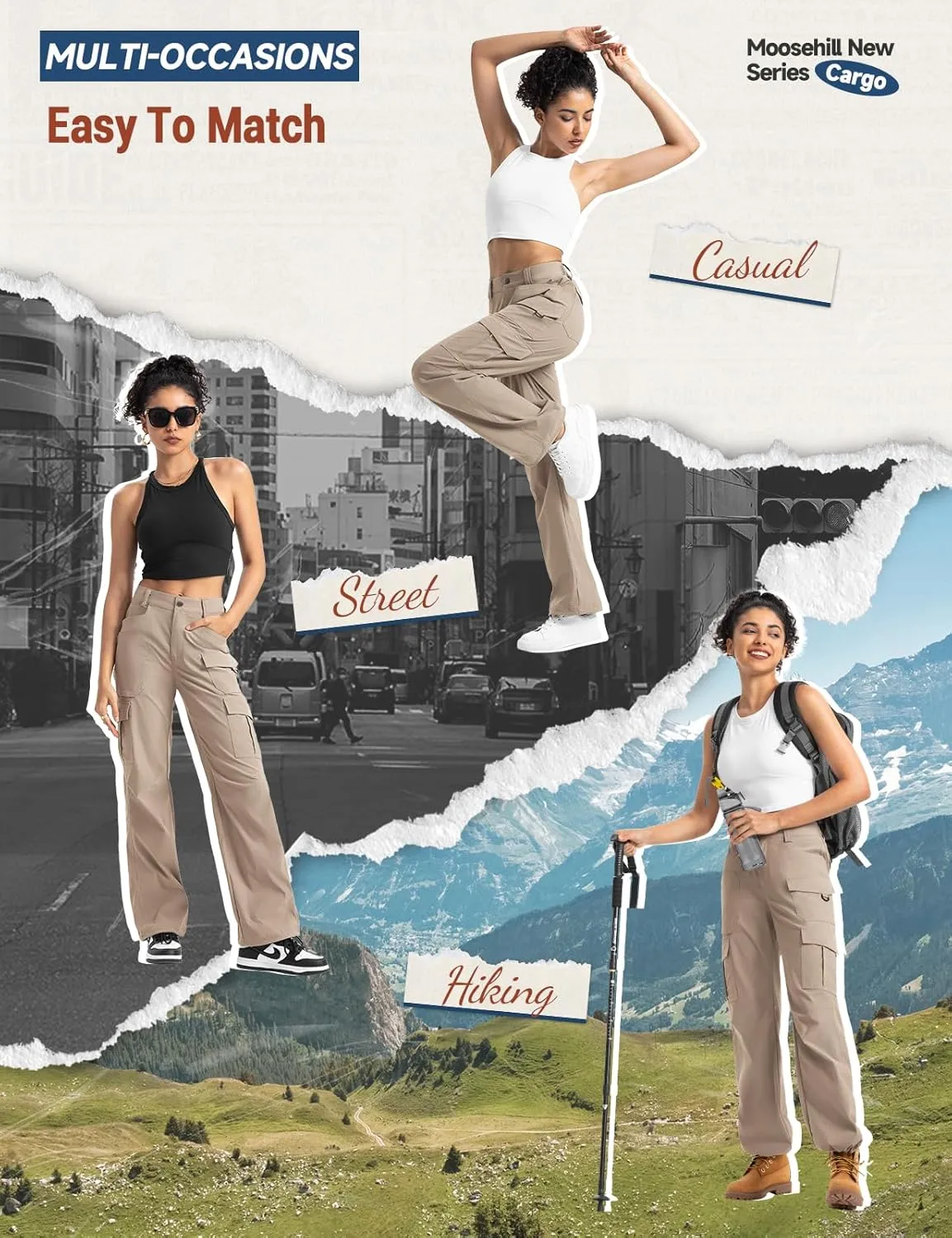 Moosehill Women's-Cargo-Hiking-Pants-High-Waisted Wide Leg Water Resistance Lightweight Stretch for Work Casual Outdoor