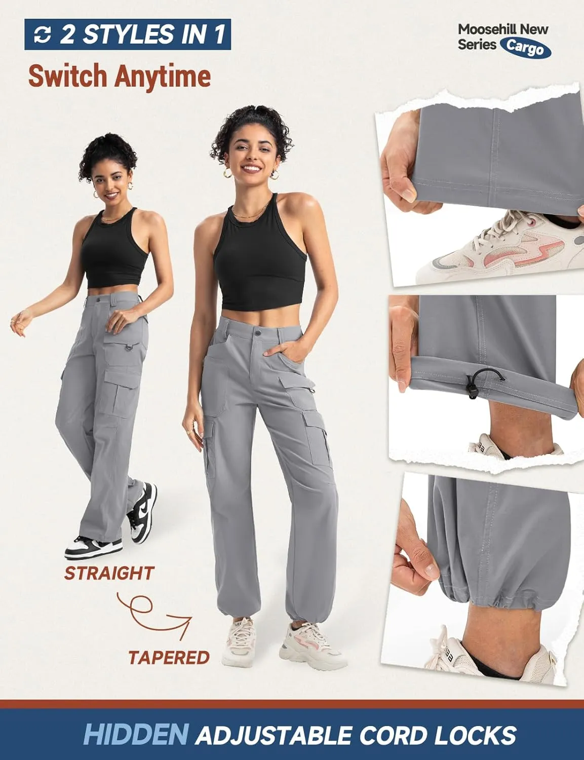 Moosehill Women's-Cargo-Hiking-Pants-High-Waisted Wide Leg Water Resistance Lightweight Stretch for Work Casual Outdoor