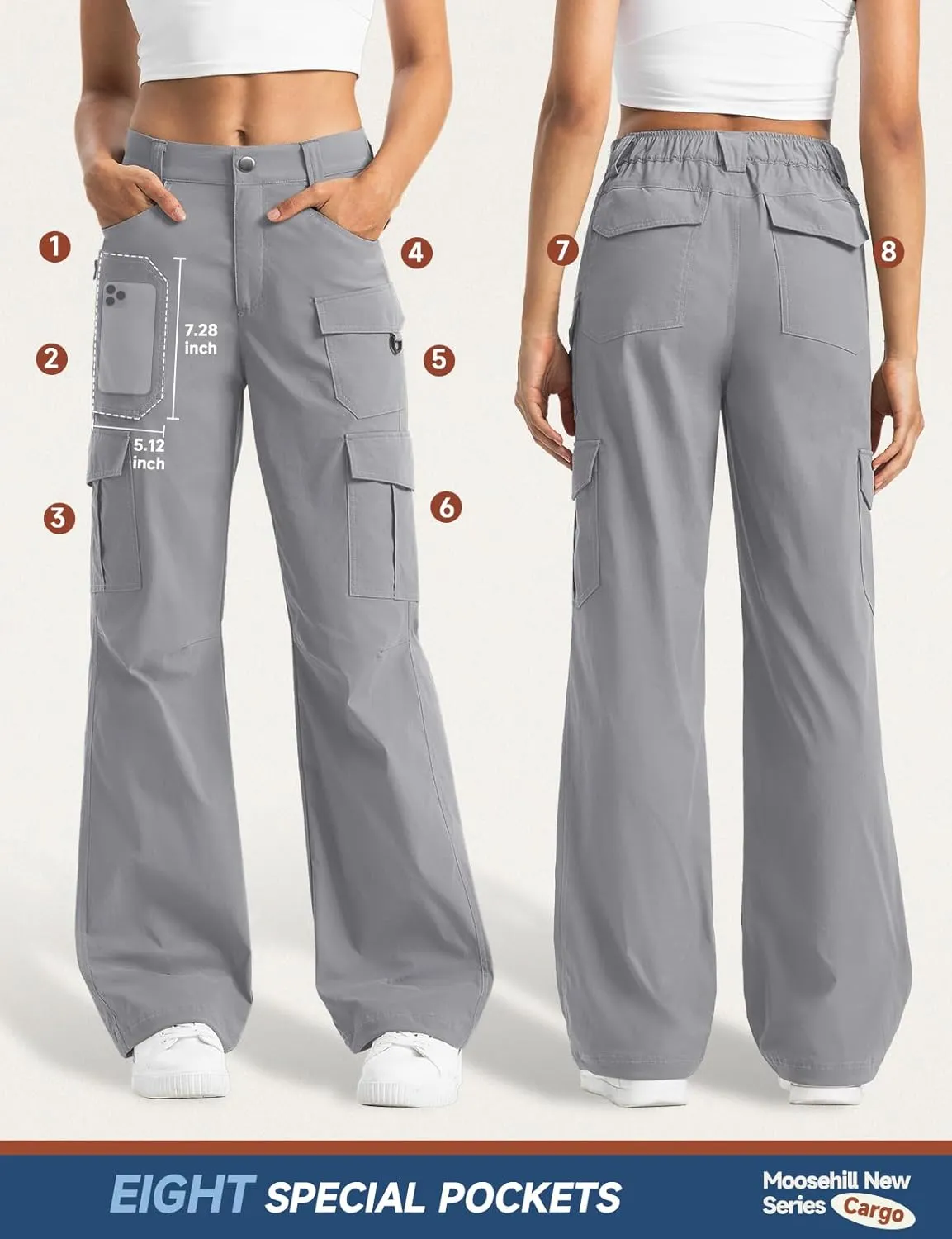 Moosehill Women's-Cargo-Hiking-Pants-High-Waisted Wide Leg Water Resistance Lightweight Stretch for Work Casual Outdoor