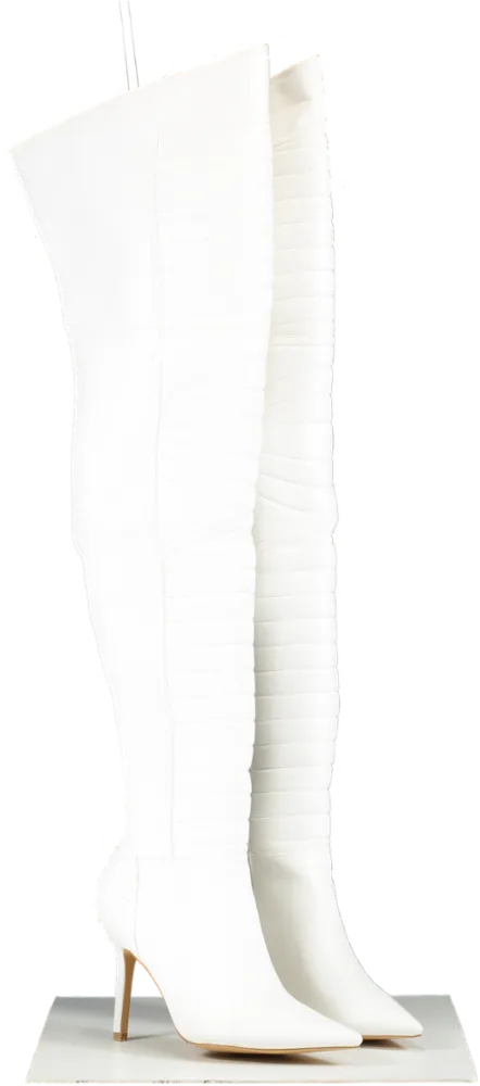 Nasty Gal White Faux Leather Padded Motocross Thigh High Boots UK 7 EU 40 👠