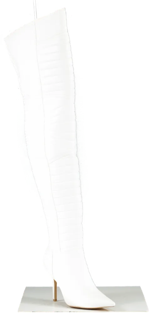 Nasty Gal White Faux Leather Padded Motocross Thigh High Boots UK 7 EU 40 👠