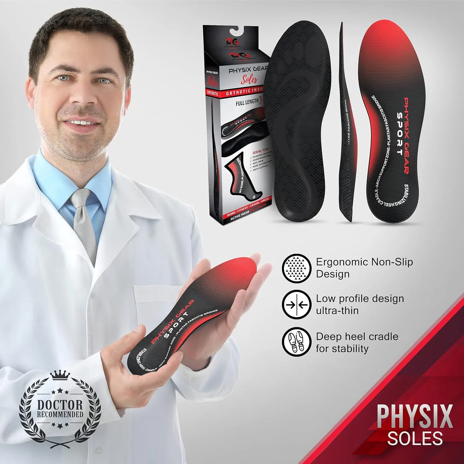Physix Gear Orthotic Insoles for Men & Women - Arch Support Orthotics Insole, Orthopedic Insoles, Inserts for Men & Women, Foot Insoles for Plantar Fasciitis Comfort, Shoe Insert, Feet, Red/Black, XL