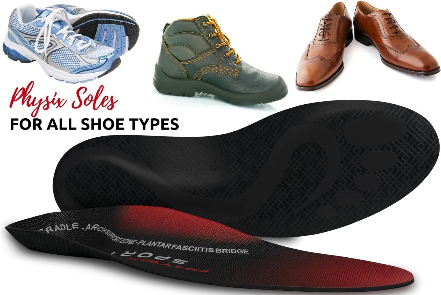 Physix Gear Orthotic Insoles for Men & Women - Arch Support Orthotics Insole, Orthopedic Insoles, Inserts for Men & Women, Foot Insoles for Plantar Fasciitis Comfort, Shoe Insert, Feet, Red/Black, XL