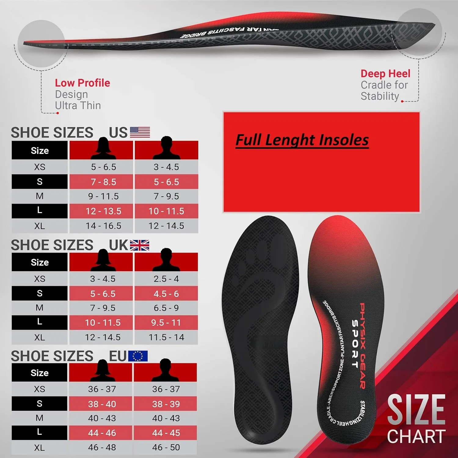 Physix Gear Orthotic Insoles for Men & Women - Arch Support Orthotics Insole, Orthopedic Insoles, Inserts for Men & Women, Foot Insoles for Plantar Fasciitis Comfort, Shoe Insert, Feet, Red/Black, XL