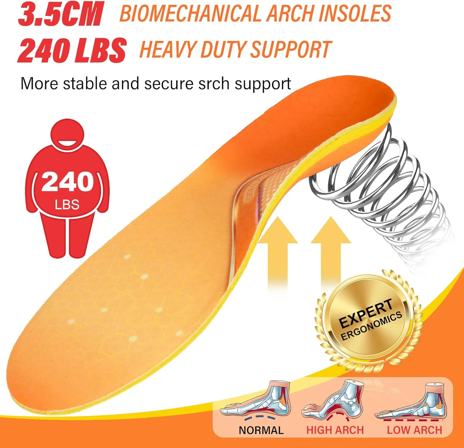 Plantar Fasciitis Insoles for Men Women 240 lbs Heavy Duty High Arch Support Insoles for Flat Feet Foot Pain Heel Pain Work Boot Orthotics Inserts for Standing All Day, L