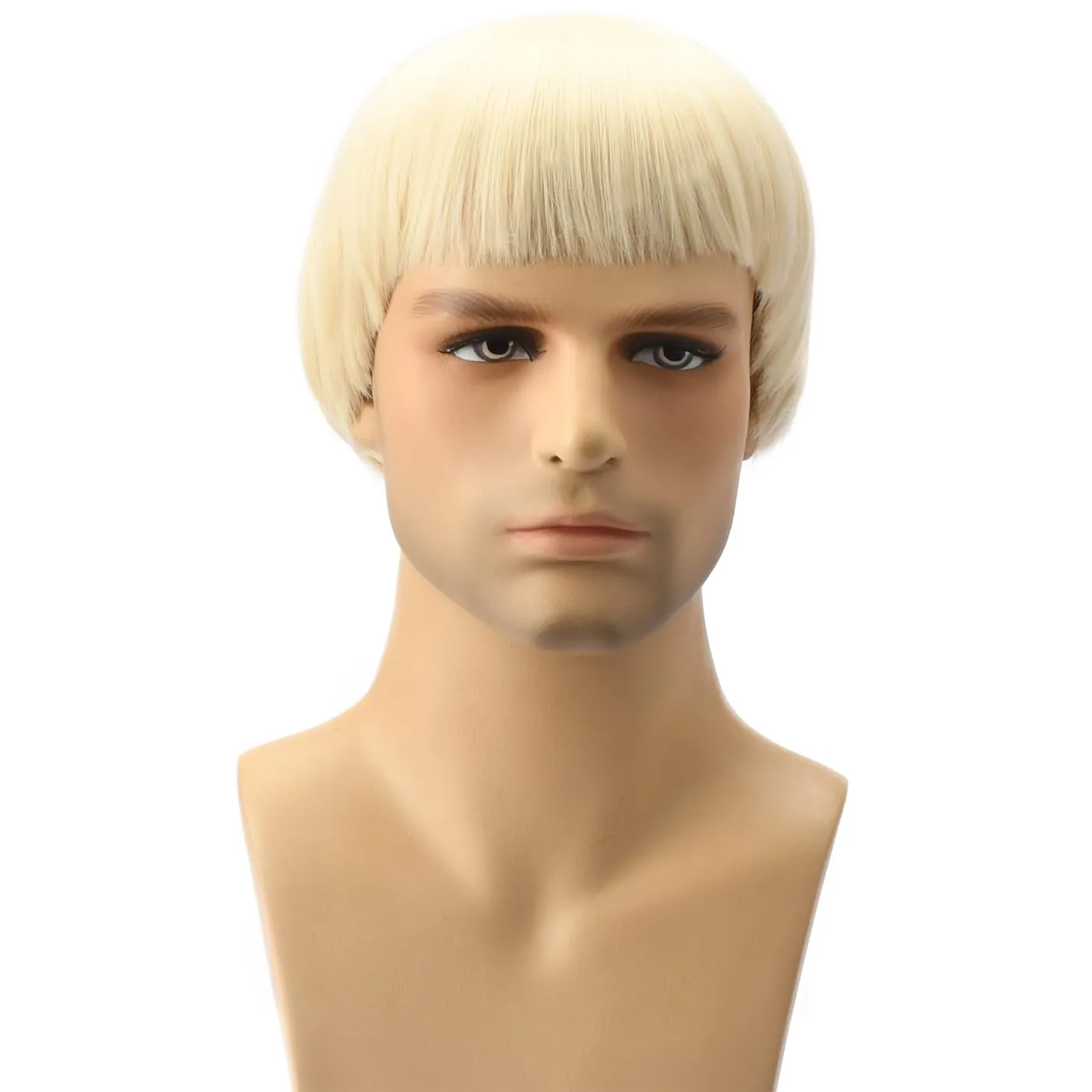 Short Mushroom Wig for Men-Synthetic 60s Bowl Cut Wigs for Anime Movie Music Costume Halloween Cosplay Party (Blonde)