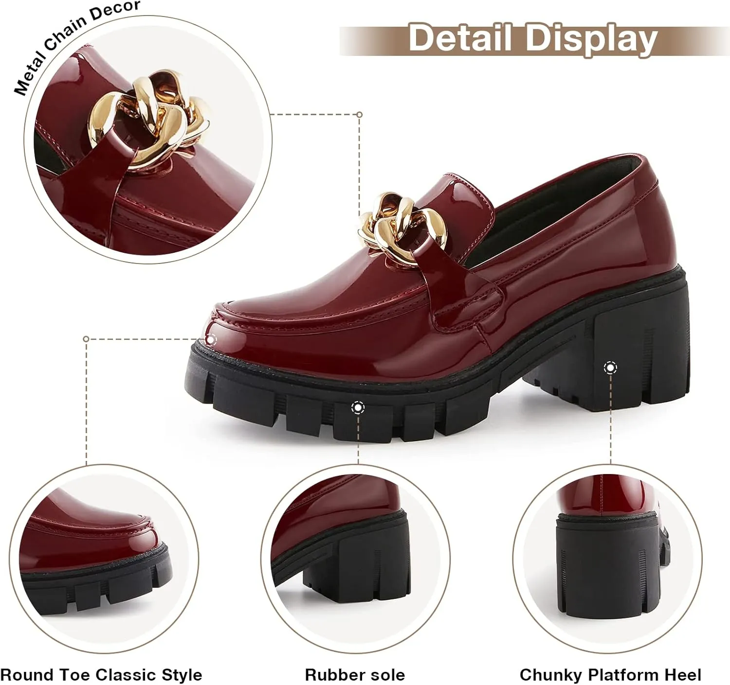 TINSTREE Platform Loafers for Women with Chain Comfort Chunky Heel Slip On Round Toe Business Work Shoes
