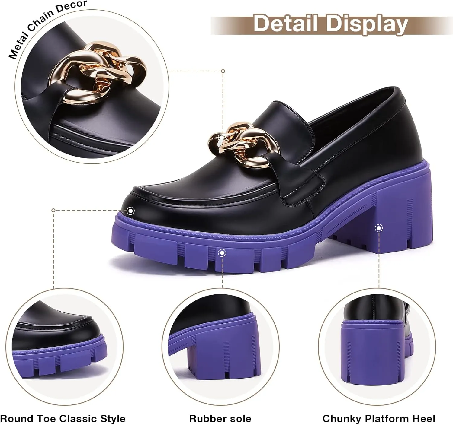 TINSTREE Platform Loafers for Women with Chain Comfort Chunky Heel Slip On Round Toe Business Work Shoes
