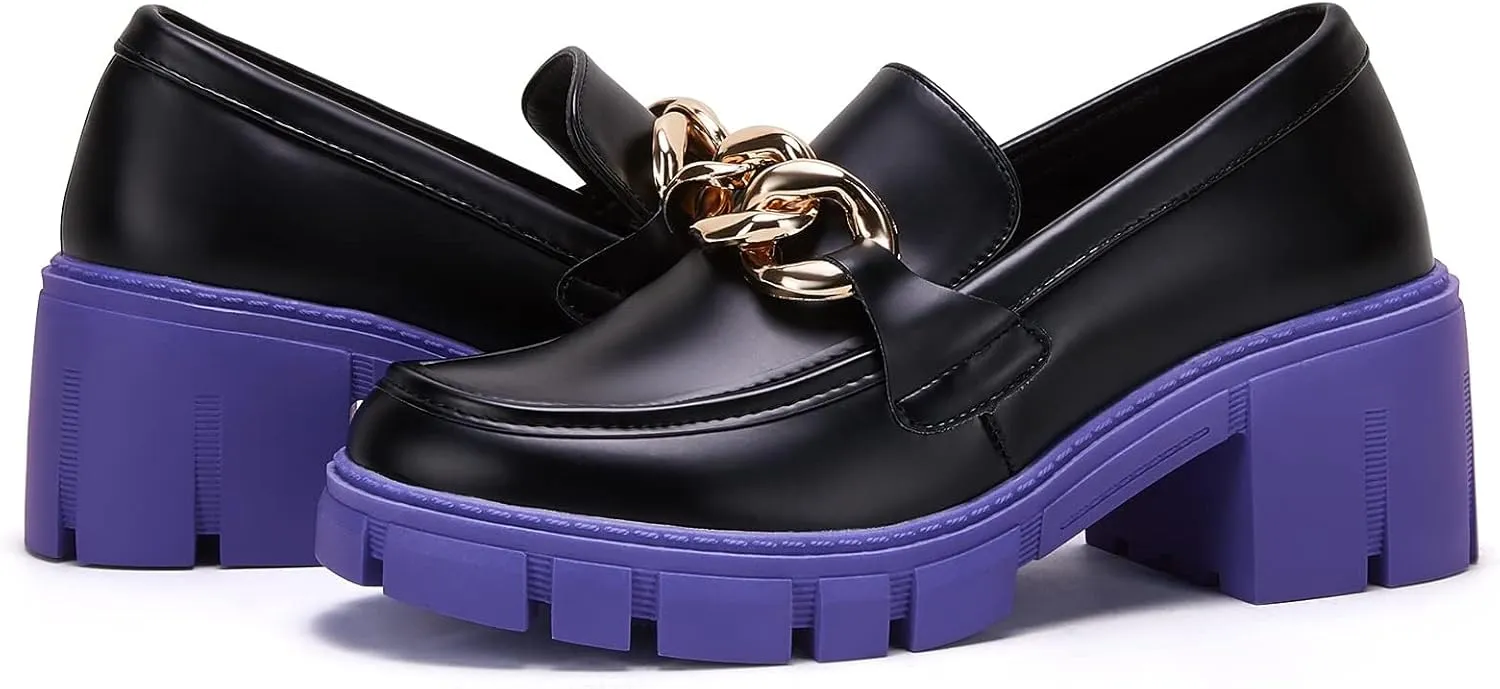 TINSTREE Platform Loafers for Women with Chain Comfort Chunky Heel Slip On Round Toe Business Work Shoes
