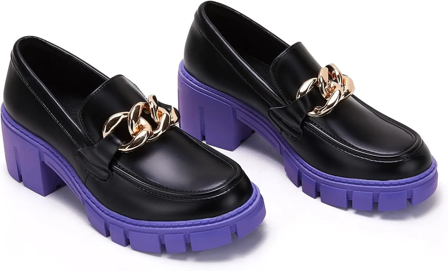 TINSTREE Platform Loafers for Women with Chain Comfort Chunky Heel Slip On Round Toe Business Work Shoes