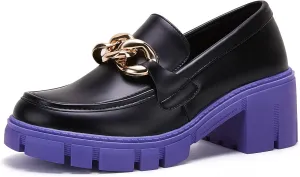 TINSTREE Platform Loafers for Women with Chain Comfort Chunky Heel Slip On Round Toe Business Work Shoes